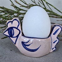 keramik høne med æggeholder på ryggen rosa blå glasur retro æggebæger